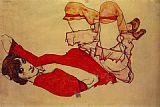 Egon Schiele Canvas Paintings - Wally in Red Blouse with Raised Knee